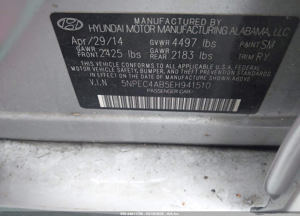 2014 HYUNDAI SONATA LIMITED 2.0T VIN: 5NPEC4AB5EH941510