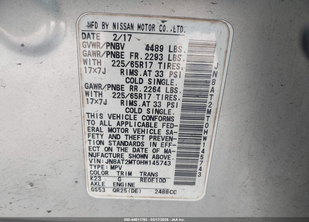2017 NISSAN ROGUE SV VIN: JN8AT2MT0HW145743