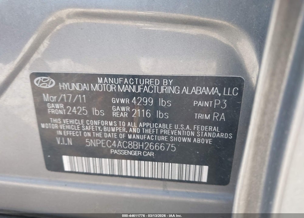 2011 HYUNDAI SONATA LIMITED VIN: 5NPEC4AC8BH266675