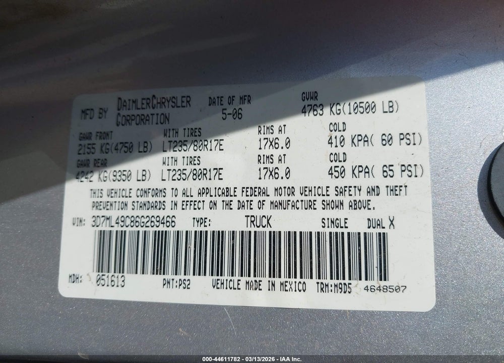 2006 DODGE RAM 3500 SLT VIN: 3D7ML49C86G269466