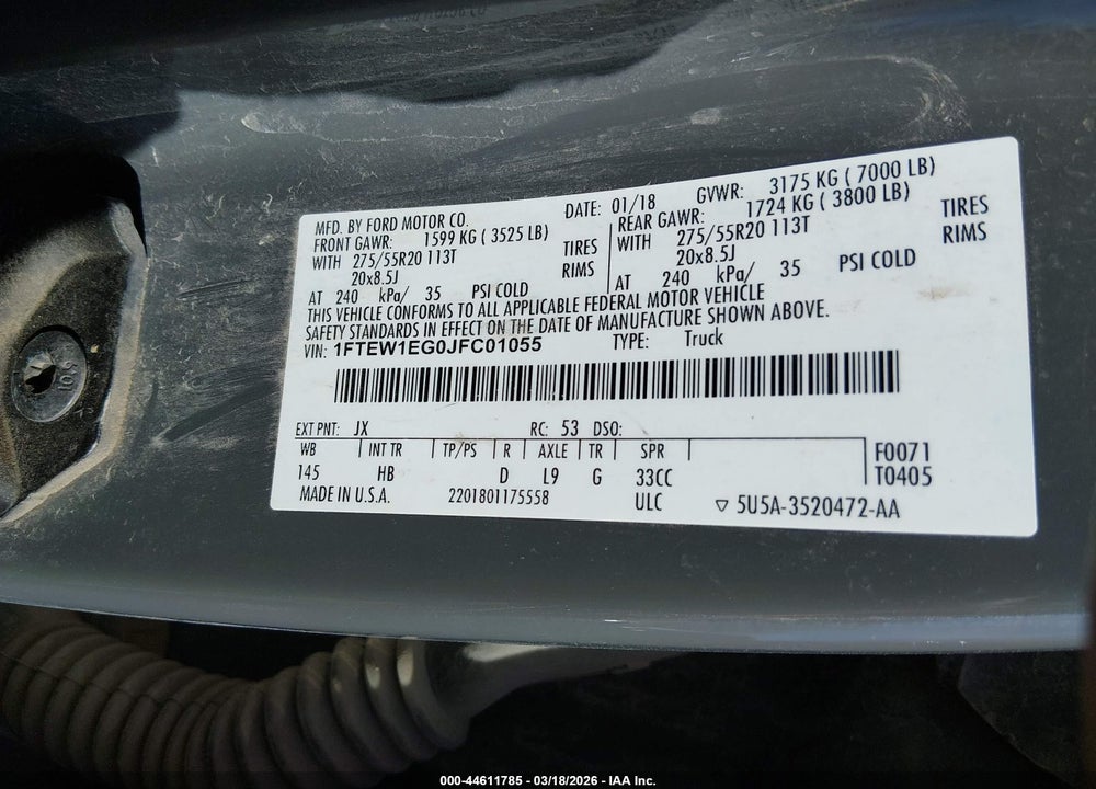 2018 FORD F-150 LARIAT VIN: 1FTEW1EG0JFC01055