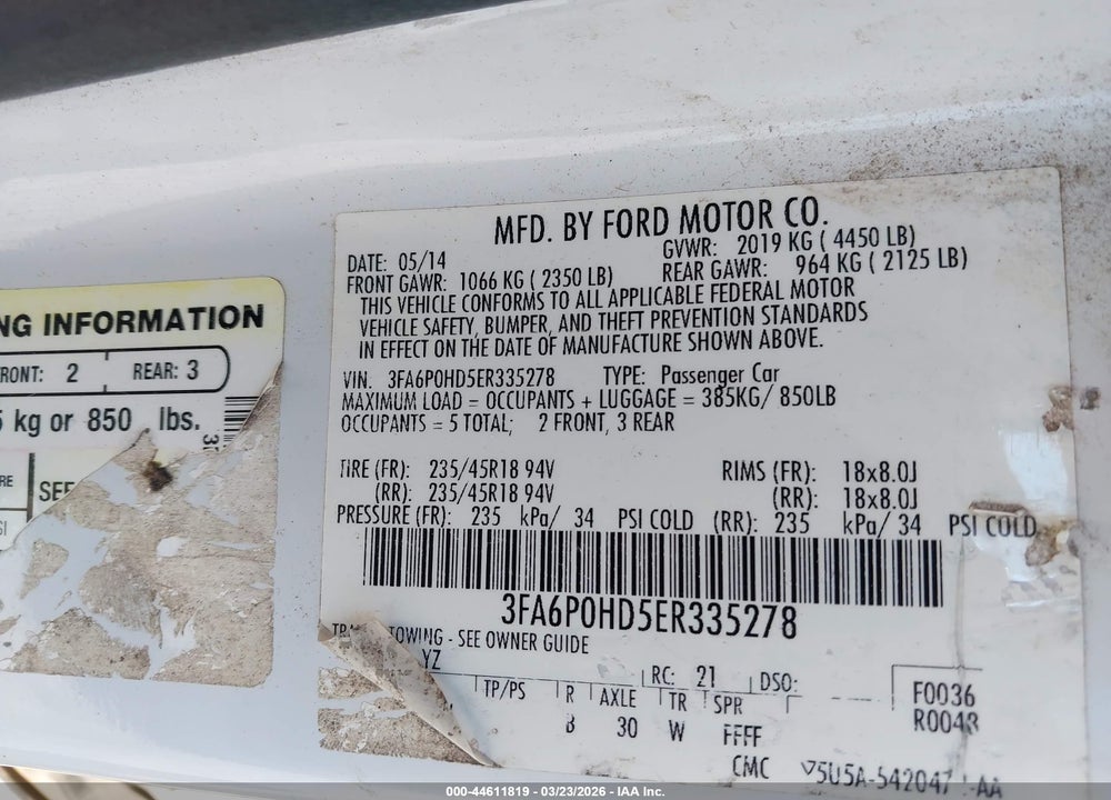 2014 FORD FUSION SE VIN: 3FA6P0HD5ER335278