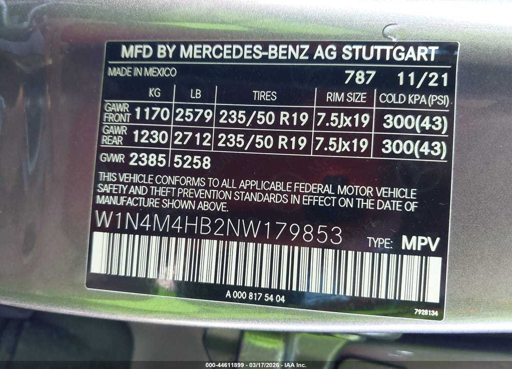 2022 MERCEDES-BENZ GLB 250 4MATIC VIN: W1N4M4HB2NW179853