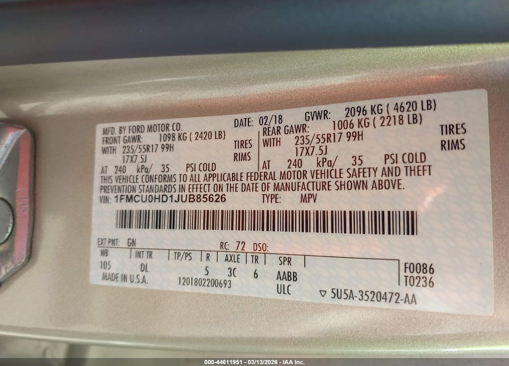 2018 FORD ESCAPE SEL VIN: 1FMCU0HD1JUB85626