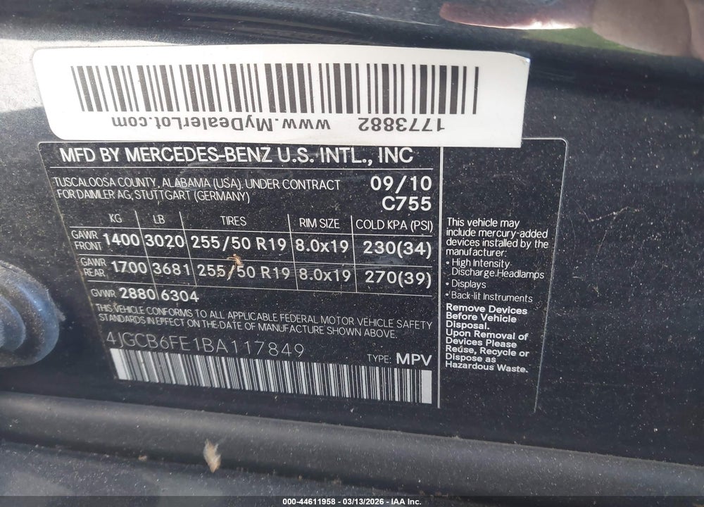 2011 MERCEDES-BENZ R 350 4MATIC VIN: 4JGCB6FE1BA117849