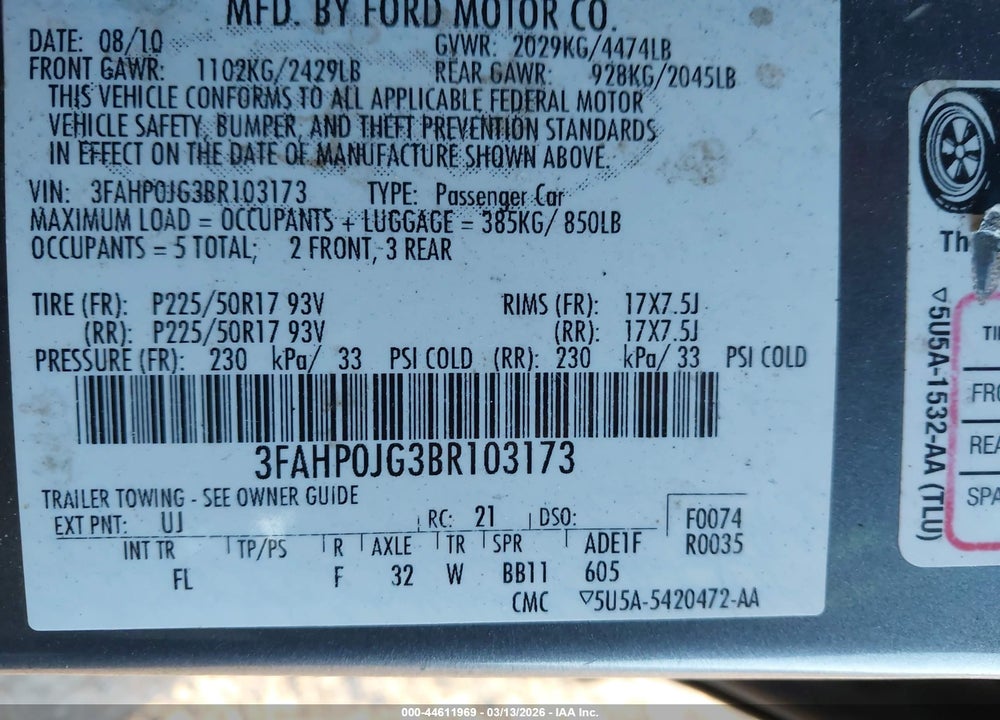 2011 FORD FUSION SEL VIN: 3FAHP0JG3BR103173