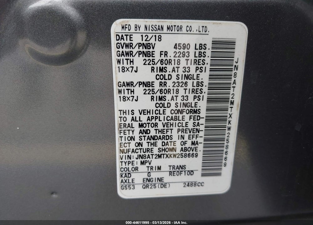 2019 NISSAN ROGUE SV VIN: JN8AT2MTXKW258669