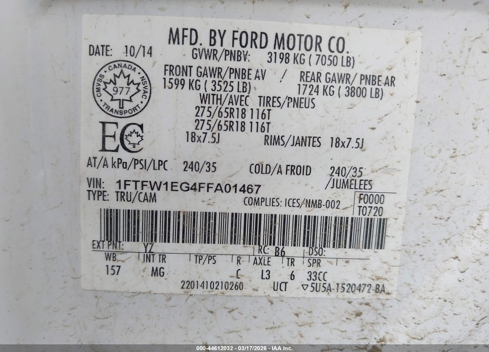 2015 FORD F-150 XLT VIN: 1FTFW1EG4FFA01467