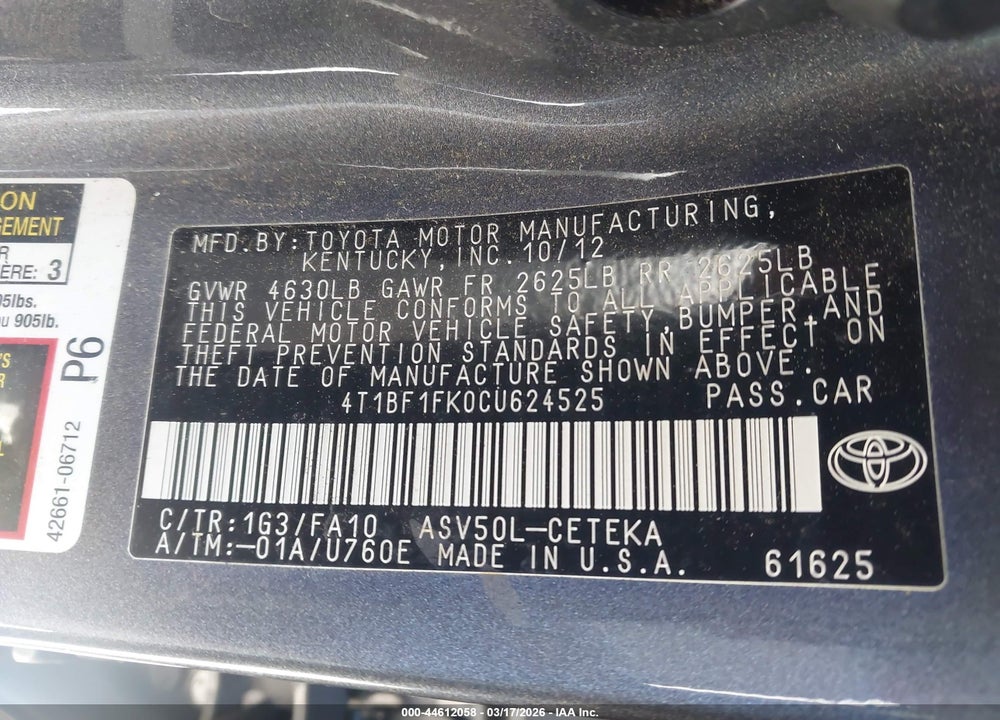 2012 TOYOTA CAMRY L VIN: 4T1BF1FK0CU624525