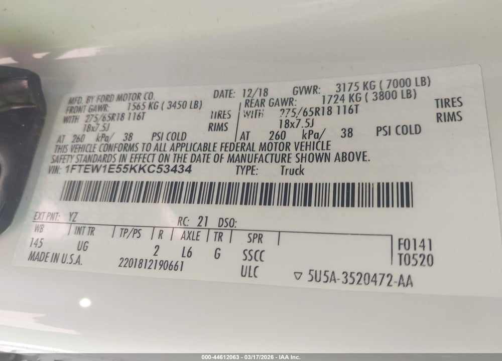 2019 FORD F-150 XLT VIN: 1FTEW1E55KKC53434