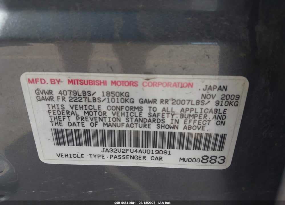 2010 MITSUBISHI LANCER ES VIN: JA32U2FU4AU019081