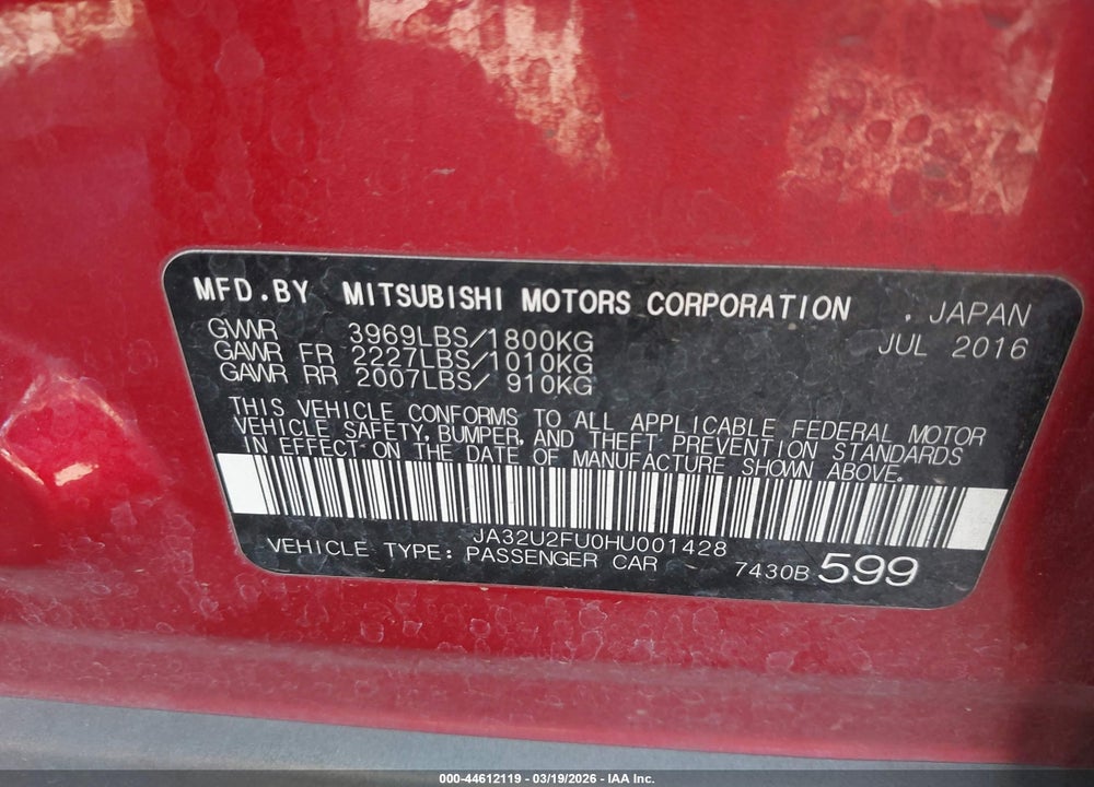 2017 MITSUBISHI LANCER ES VIN: JA32U2FU0HU001428