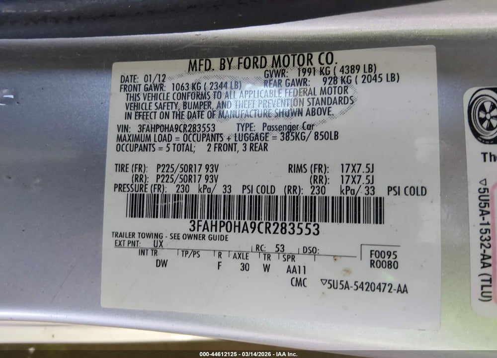 2012 FORD FUSION SE VIN: 3FAHP0HA9CR283553