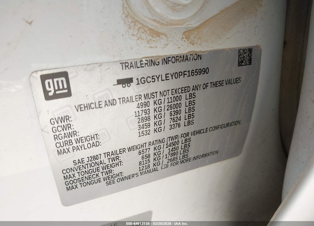 2023 CHEVROLET SILVERADO 2500HD 4WD  STANDARD BED WT VIN: 1GC5YLEY0PF165990