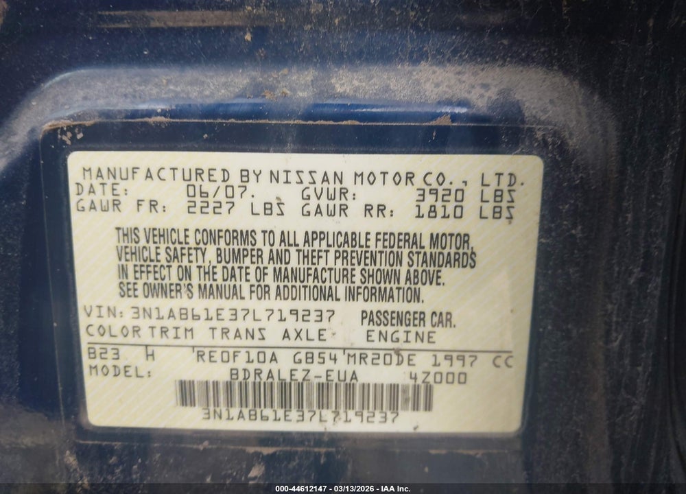 2007 NISSAN SENTRA 2.0S VIN: 3N1AB61E37L719237