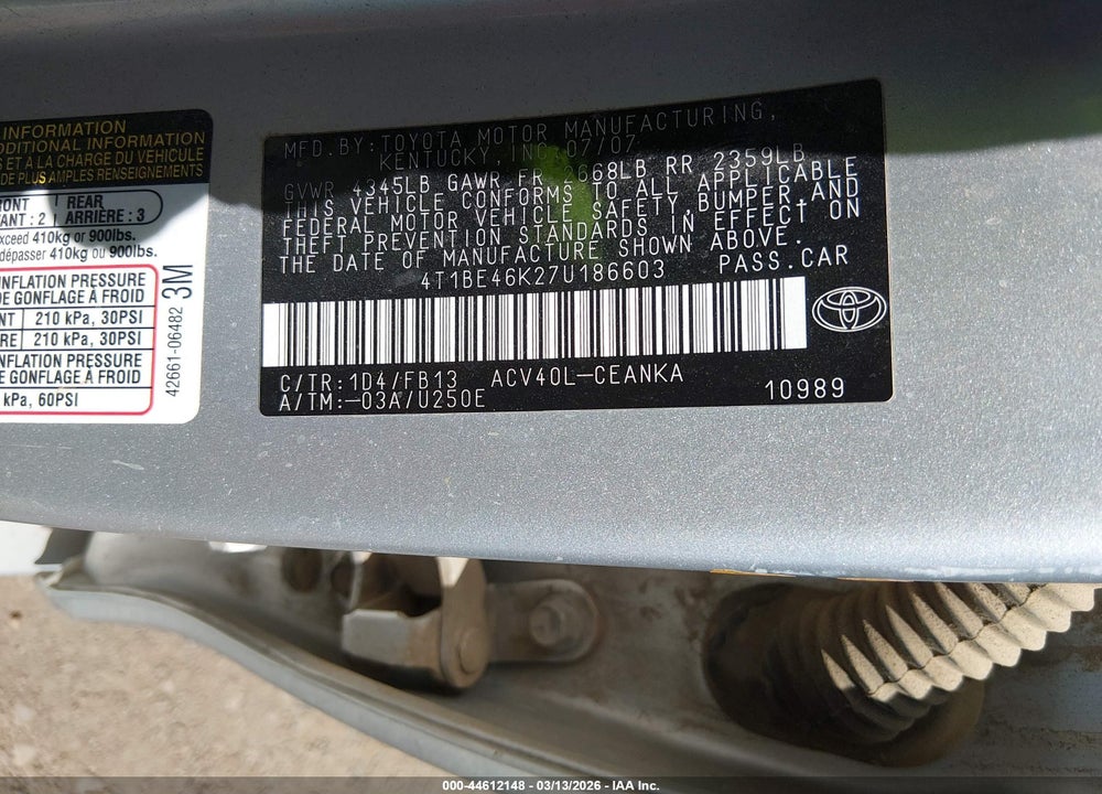 2007 TOYOTA CAMRY CE VIN: 4T1BE46K27U186603