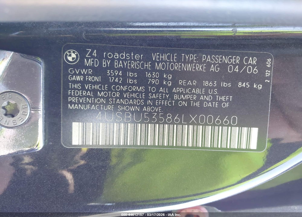 2006 BMW Z4 3.0SI VIN: 4USBU53586LX00660