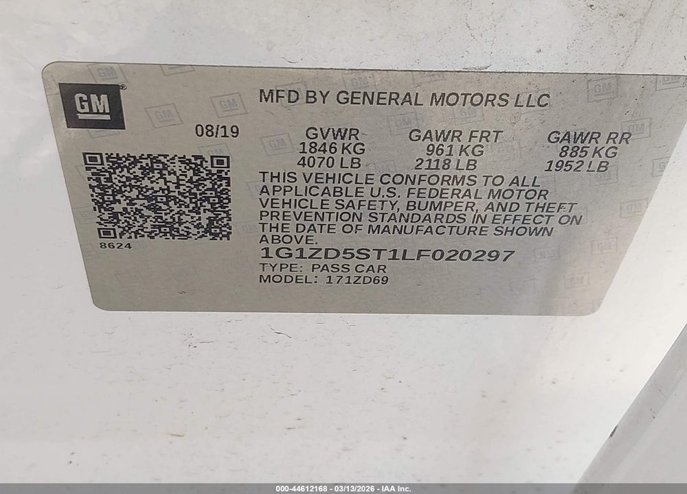 2020 CHEVROLET MALIBU FWD LT VIN: 1G1ZD5ST1LF020297