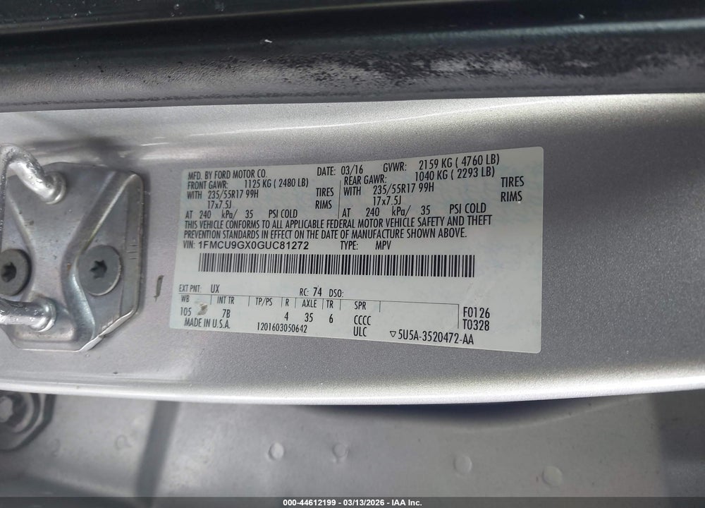 2016 FORD ESCAPE SE VIN: 1FMCU9GX0GUC81272