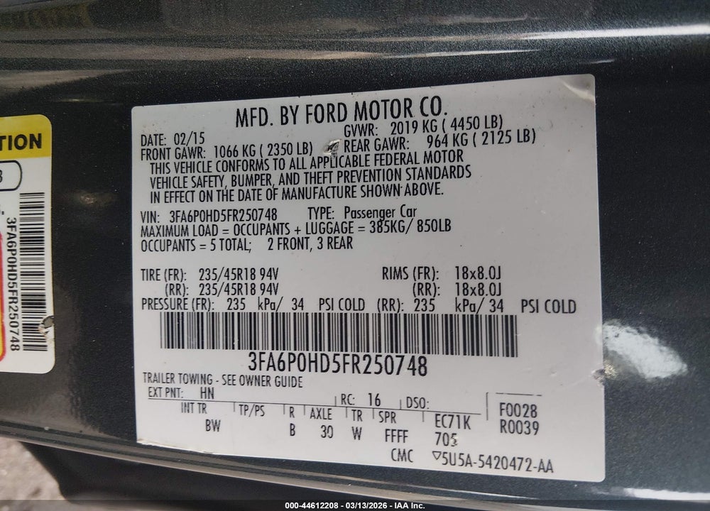 2015 FORD FUSION SE VIN: 3FA6P0HD5FR250748