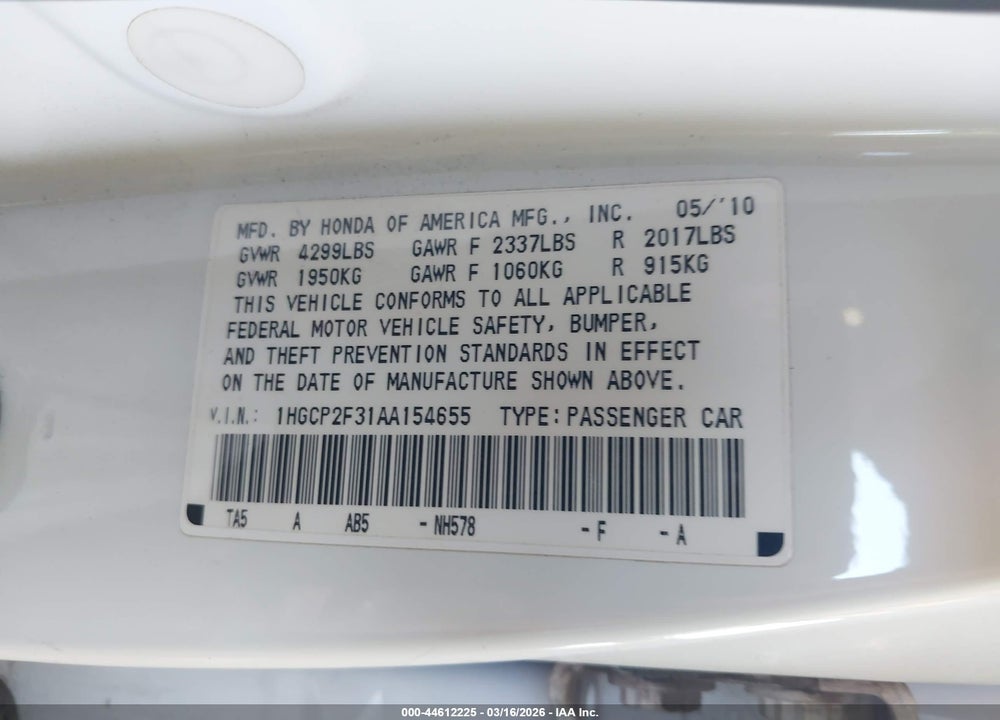 2010 HONDA ACCORD 2.4 LX VIN: 1HGCP2F31AA154655