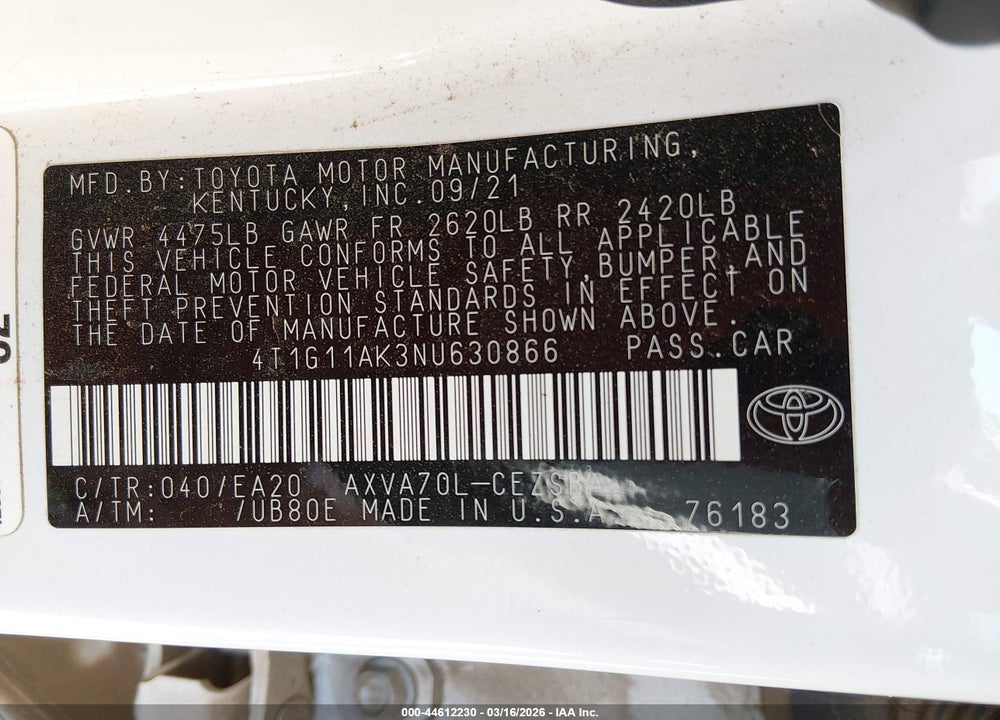 2022 TOYOTA CAMRY SE VIN: 4T1G11AK3NU630866