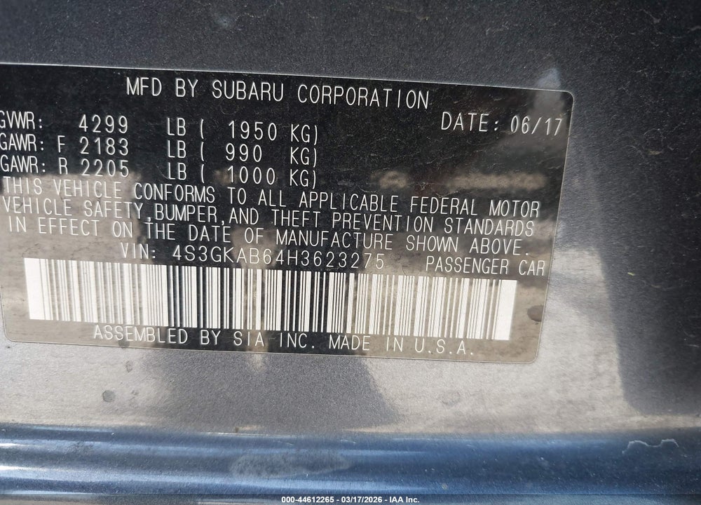 2017 SUBARU IMPREZA 2.0I PREMIUM VIN: 4S3GKAB64H3623275