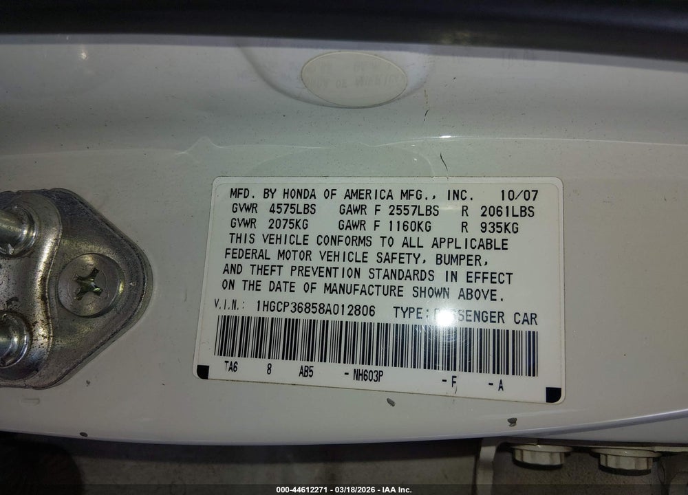 2008 HONDA ACCORD 3.5 EX-L VIN: 1HGCP36858A012806