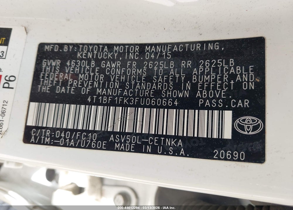 2015 TOYOTA CAMRY LE VIN: 4T1BF1FK3FU060664