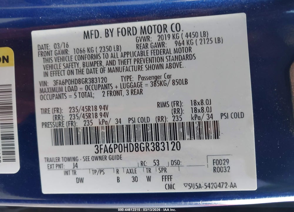 2016 FORD FUSION SE VIN: 3FA6P0HD8GR383120