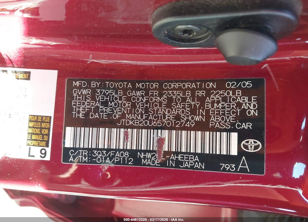 2005 TOYOTA PRIUS VIN: JTDKB20U657012749