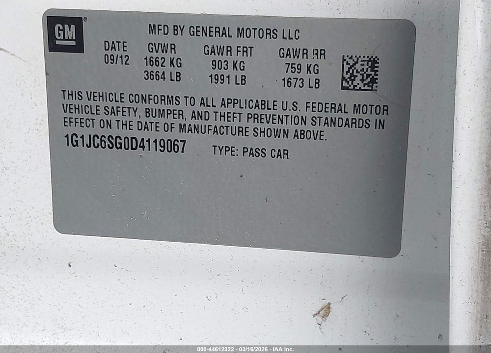 2013 CHEVROLET SONIC LT AUTO VIN: 1G1JC6SG0D4119067