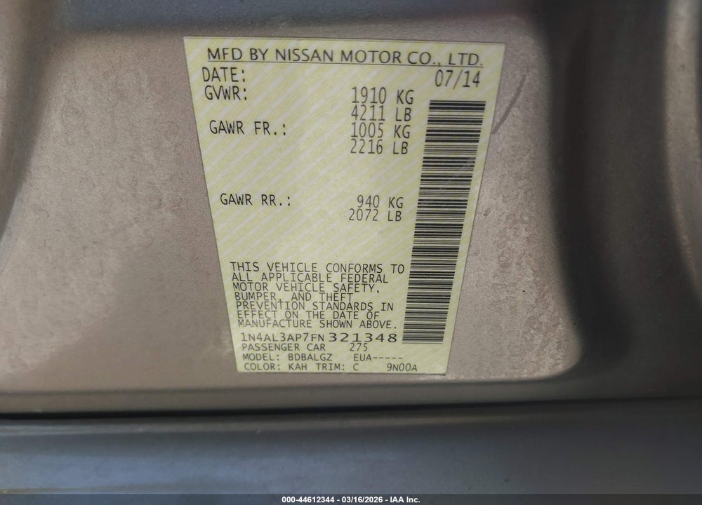 2015 NISSAN ALTIMA 2.5/2.5 S/2.5 SL/2.5 SV VIN: 1N4AL3AP7FN321348