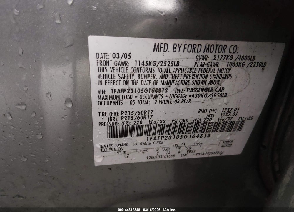 2005 FORD FIVE HUNDRED VIN: 1FAFP23105G164813