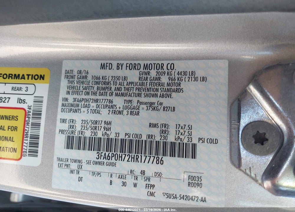 2017 FORD FUSION SE VIN: 3FA6P0H72HR177786