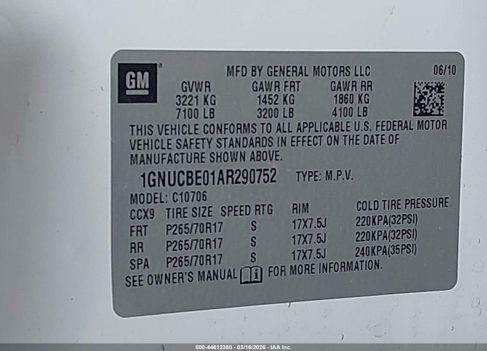 2010 CHEVROLET TAHOE LT VIN: 1GNUCBE01AR290752