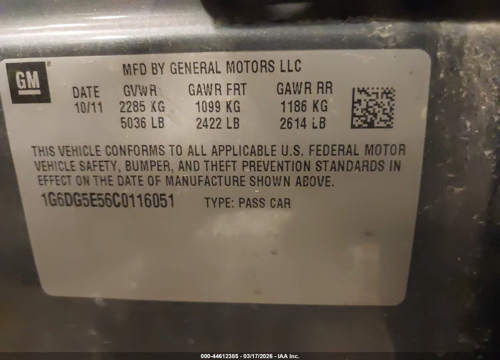 2012 CADILLAC CTS LUXURY VIN: 1G6DG5E56C0116051