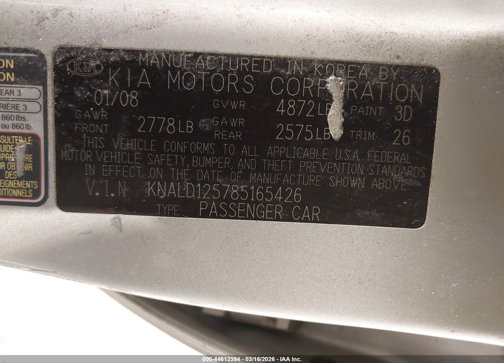 2008 KIA AMANTI VIN: KNALD125785165426