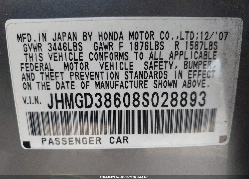 2008 HONDA FIT SPORT VIN: JHMGD38608S028893