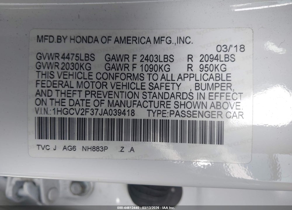 2018 HONDA ACCORD SPORT 2.0T VIN: 1HGCV2F37JA039418