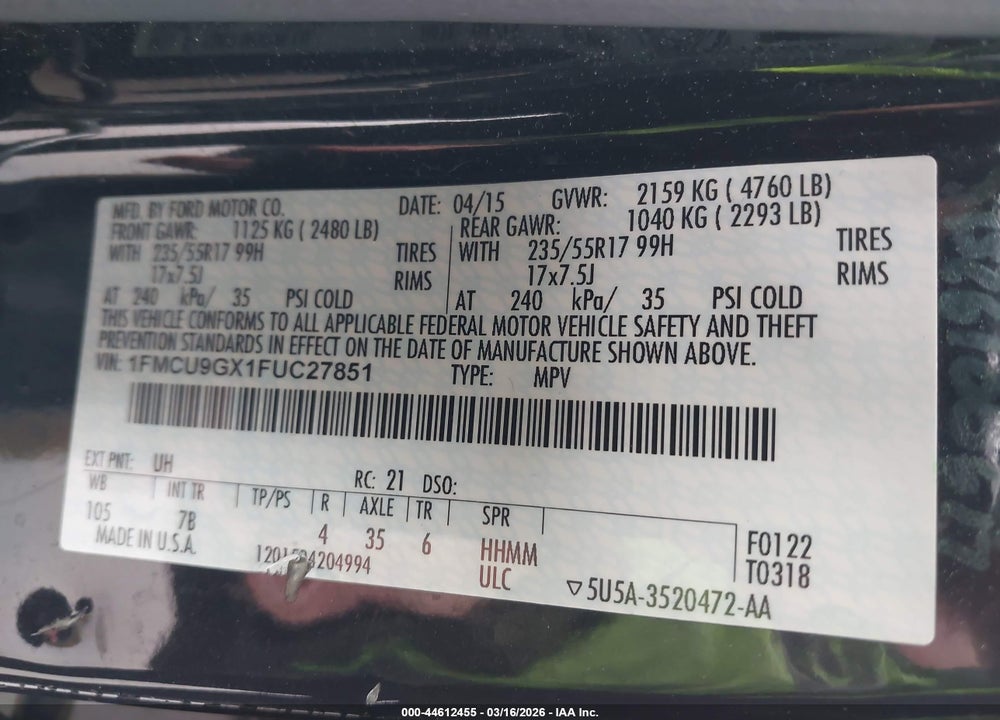 2015 FORD ESCAPE SE VIN: 1FMCU9GX1FUC27851