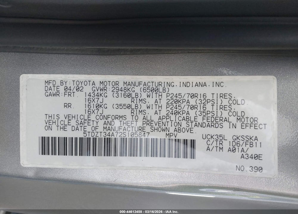 2002 TOYOTA SEQUOIA SR5 V8 VIN: 5TDZT34A72S105847