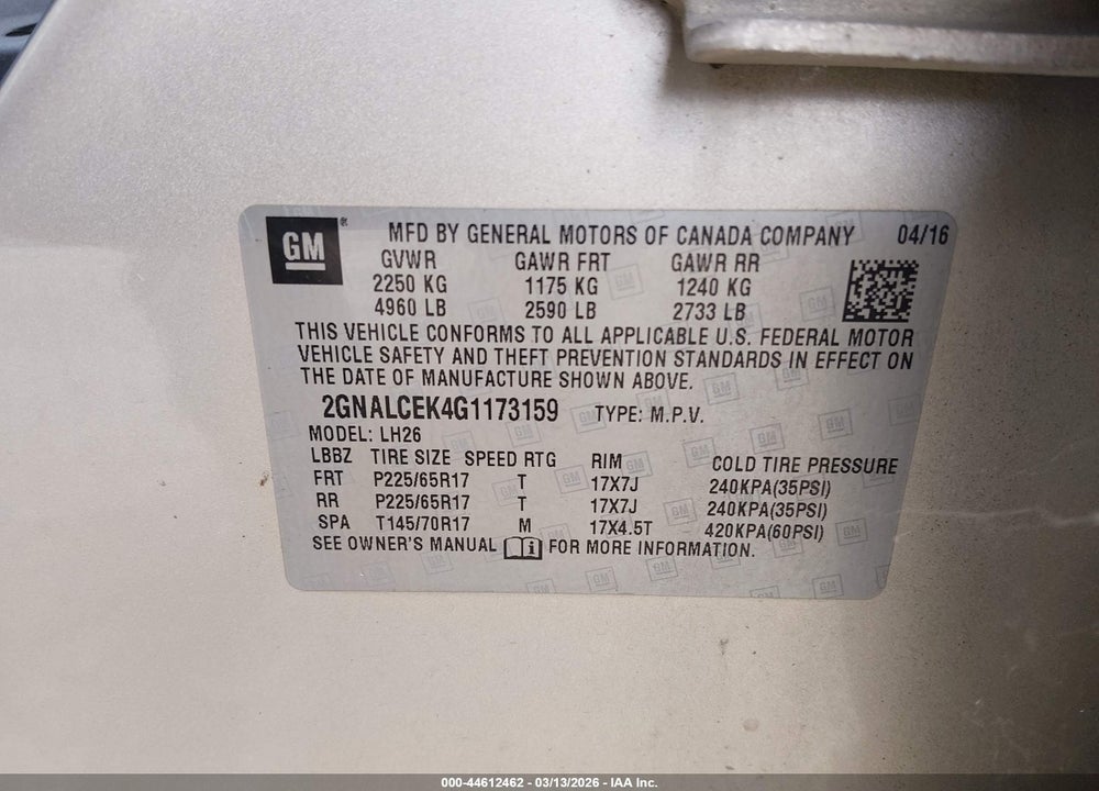 2016 CHEVROLET EQUINOX LT VIN: 2GNALCEK4G1173159