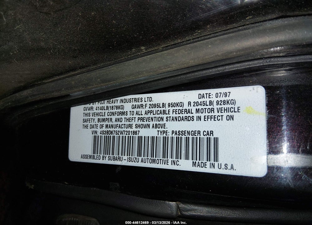 1998 SUBARU LEGACY GT/GT LIMITED VIN: 4S3BD6752W7201867