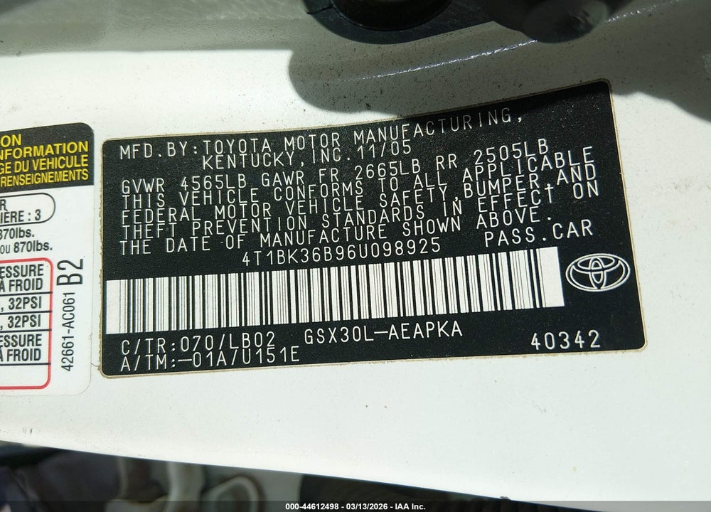 2006 TOYOTA AVALON VIN: 4T1BK36B96U098925
