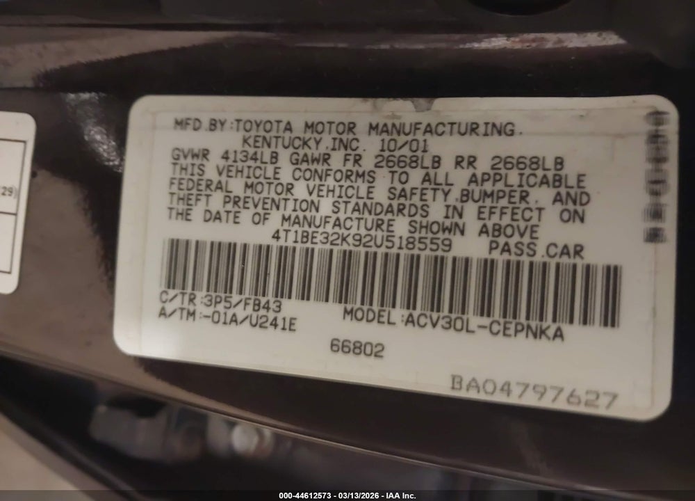 2002 TOYOTA CAMRY LE VIN: 4T1BE32K92U518559