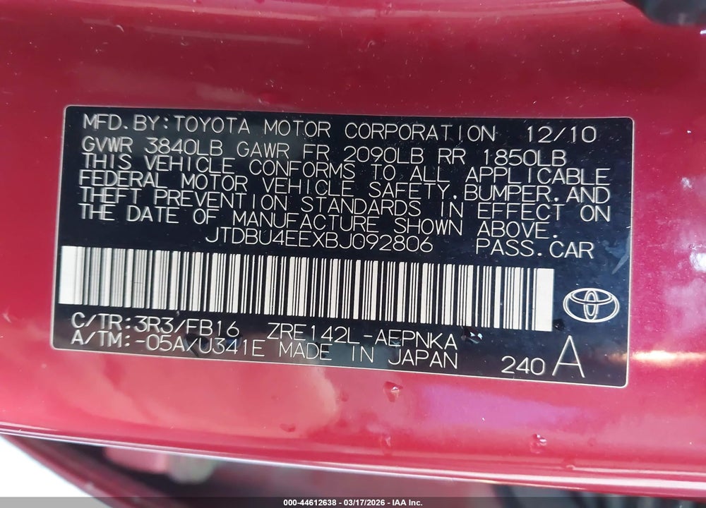 2011 TOYOTA COROLLA LE VIN: JTDBU4EEXBJ092806