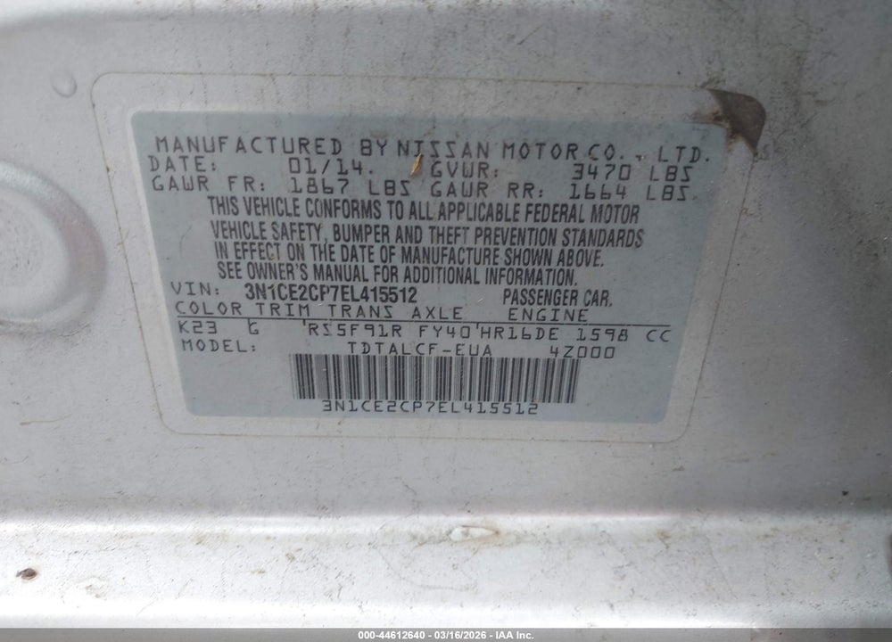 2014 NISSAN VERSA NOTE S (SR) VIN: 3N1CE2CP7EL415512