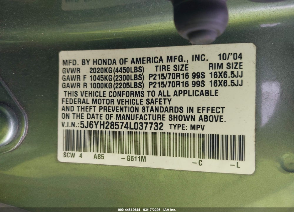 2004 HONDA ELEMENT EX VIN: 5J6YH28574L037732