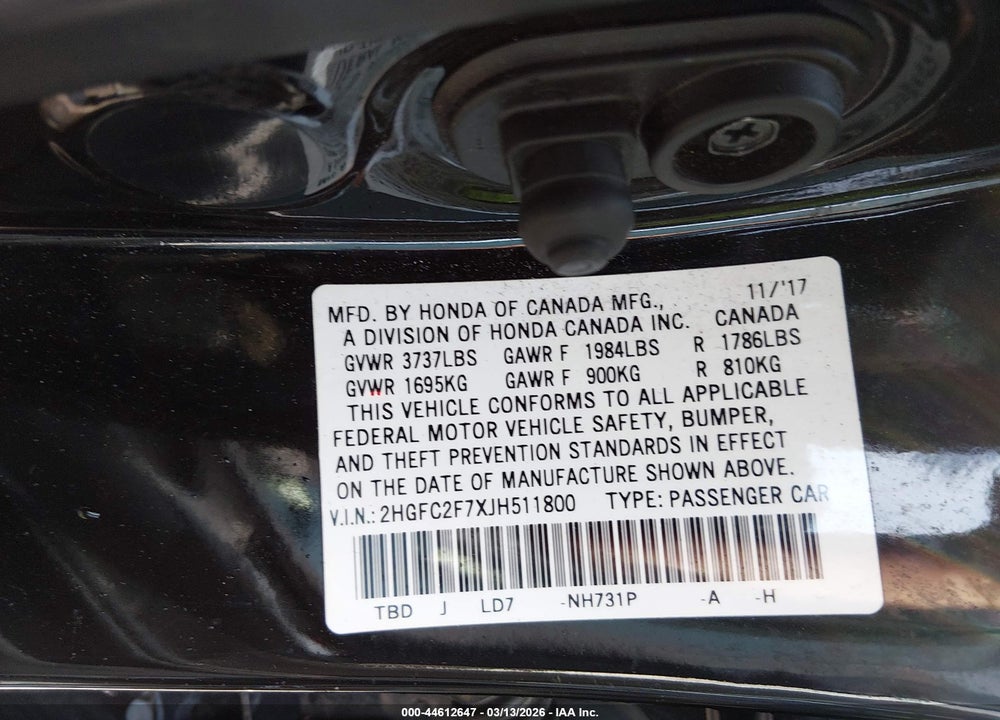 2018 HONDA CIVIC EX VIN: 2HGFC2F7XJH511800